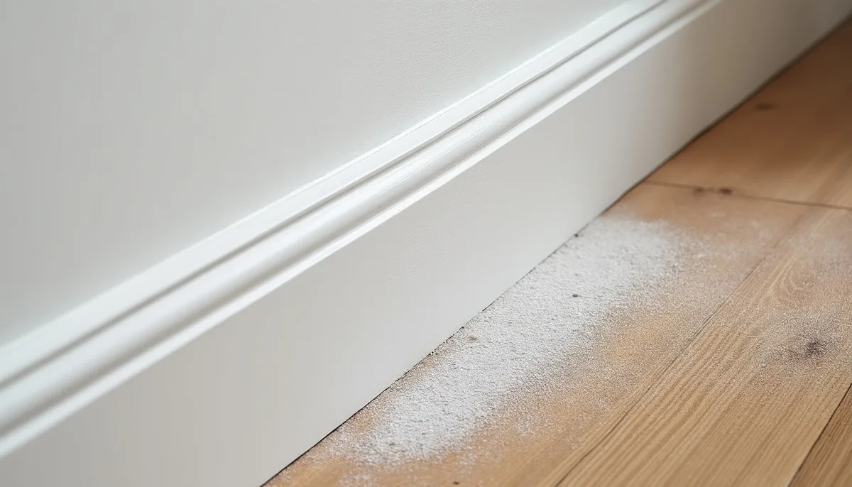 A section of timber skirting board being sanded to key the surface before repainting, fine dust visible along the edge, natural daylight, no people or tools in frame.