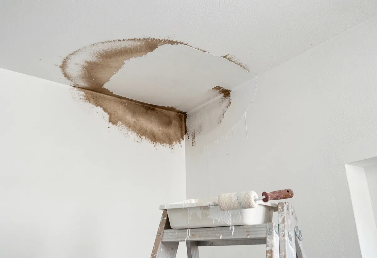 Ceiling corner with a brown water stain half covered by a fresh coat of white stain-blocking primer, roller tray below.