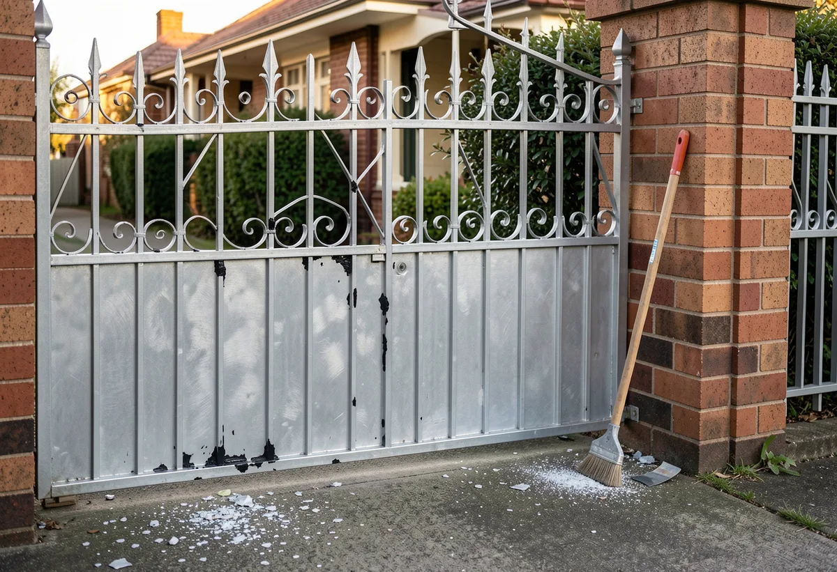 Wrought iron gate stripped back to bare steel with wire brush and scraper resting against the brick pillar.
