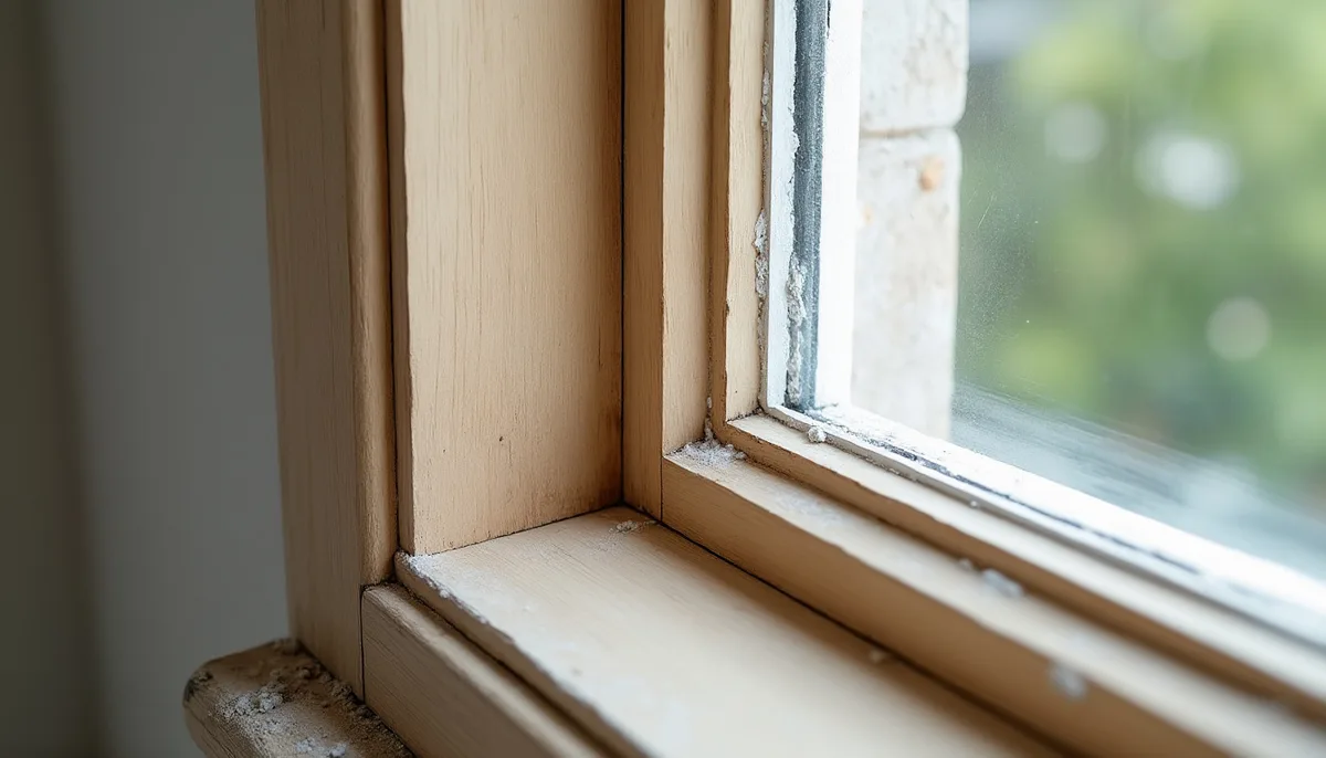 Close-up of a timber window frame mid-preparation, sanded back to bare wood before primer, natural window light, no people or tools in frame.