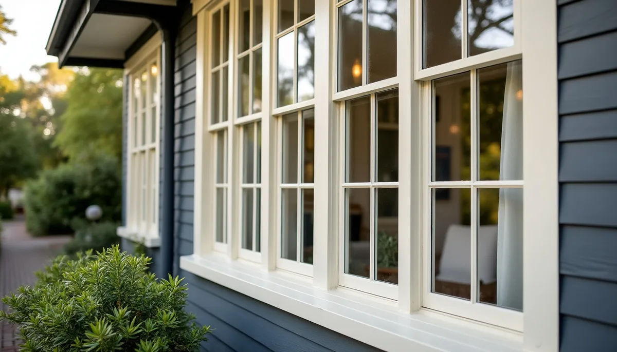 A row of timber window frames along a Melbourne weatherboard home exterior, freshly painted cream trim against grey cladding, no people in frame.