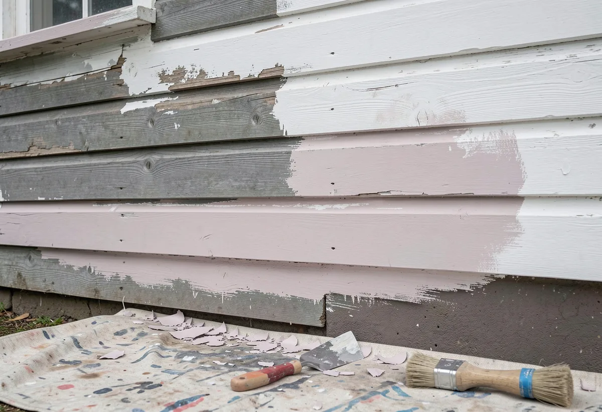 Weatherboard wall mid-preparation with scraped bare timber patches and spot primer before repainting in Melbourne