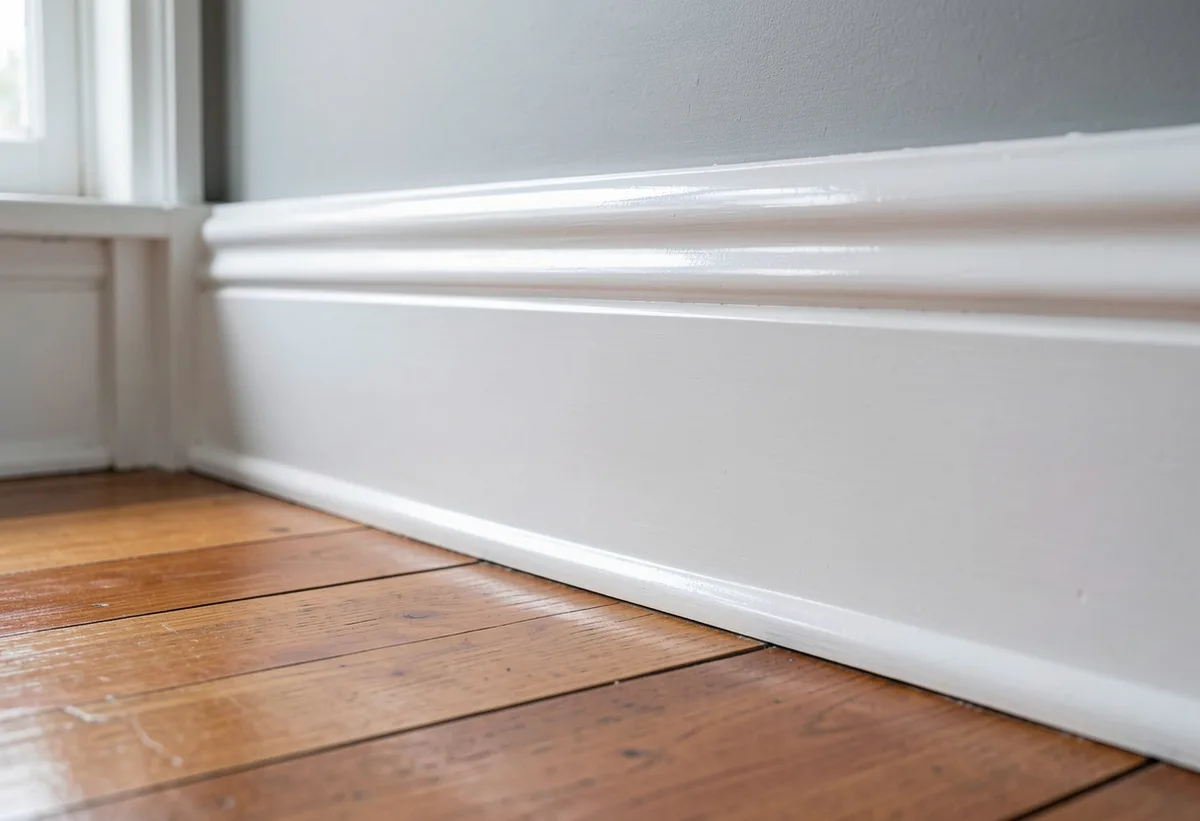 Close-up of a freshly painted semi-gloss white skirting board meeting hardwood floors with a sharp line against a grey wall.