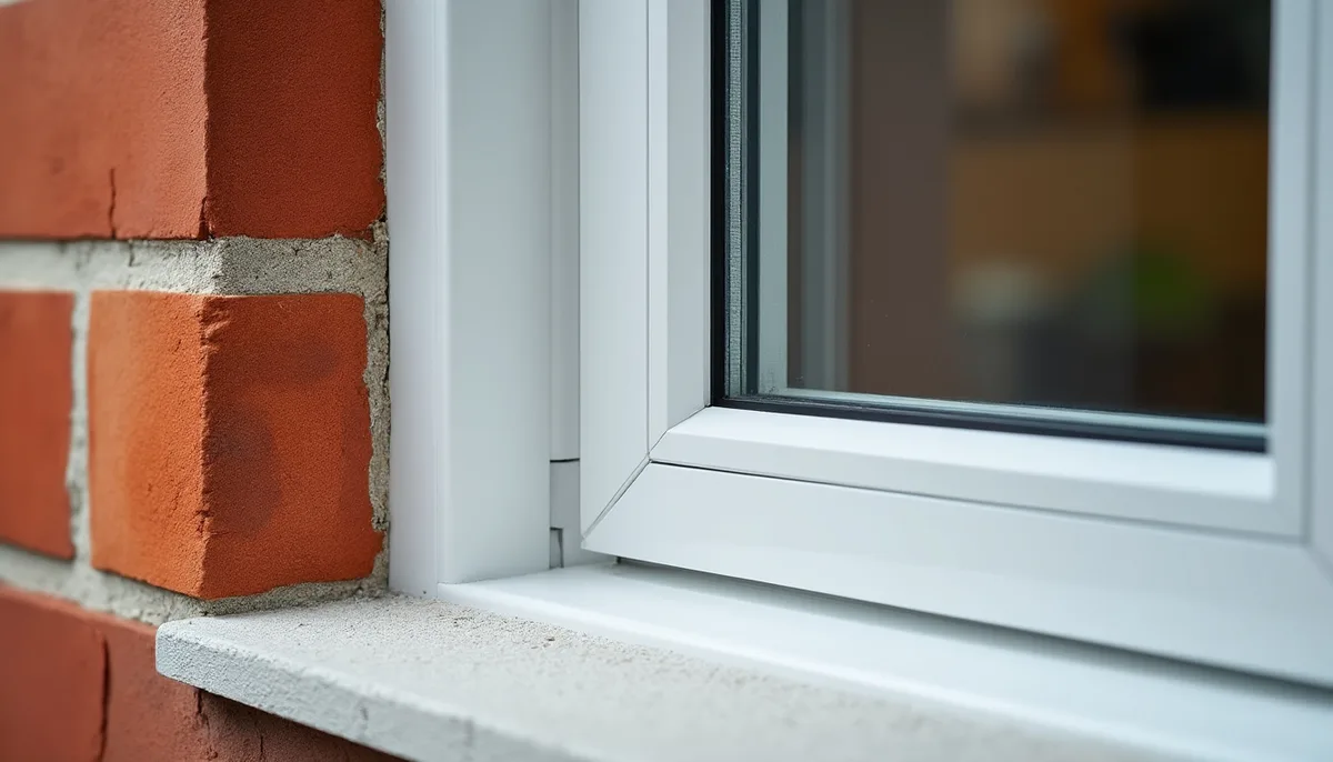 Close-up of a freshly painted white aluminium window frame on a Melbourne home, clean crisp edge against brick, natural daylight.