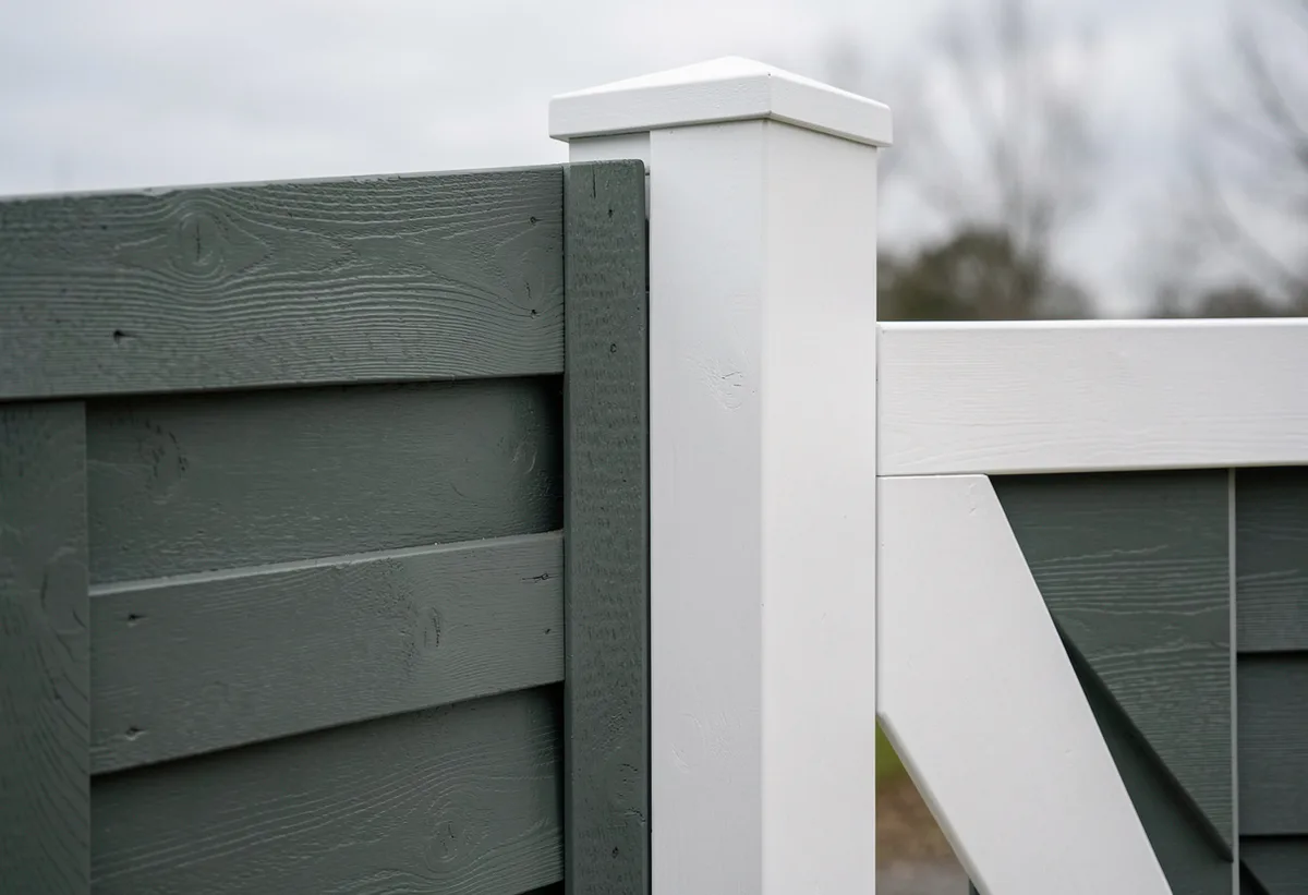 Close-up of a timber fence painted deep grey-green meeting a crisp white gate post.