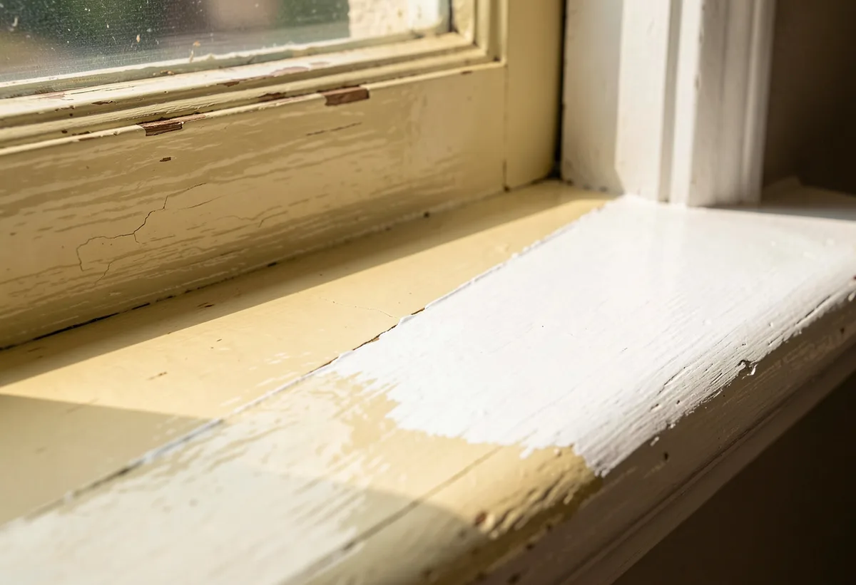 Close-up of aged cream-yellowed gloss enamel on an old timber window sill next to a section repainted in fresh bright white.