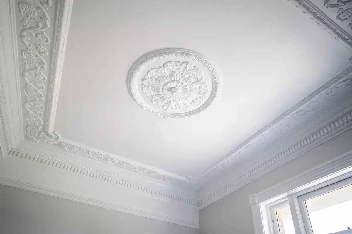 An ornate painted ceiling rose and cornice in a Melbourne period home