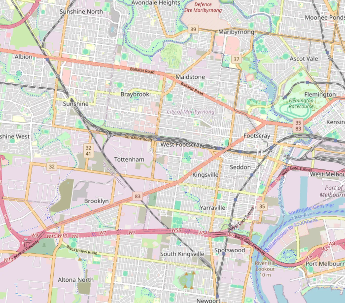 Street map of Melbourne's inner west showing the suburbs Modernize Solutions services: Footscray, Seddon, Yarraville, Braybrook, Sunshine, West Footscray, Kingsville, Maidstone, Maribyrnong and Spotswood