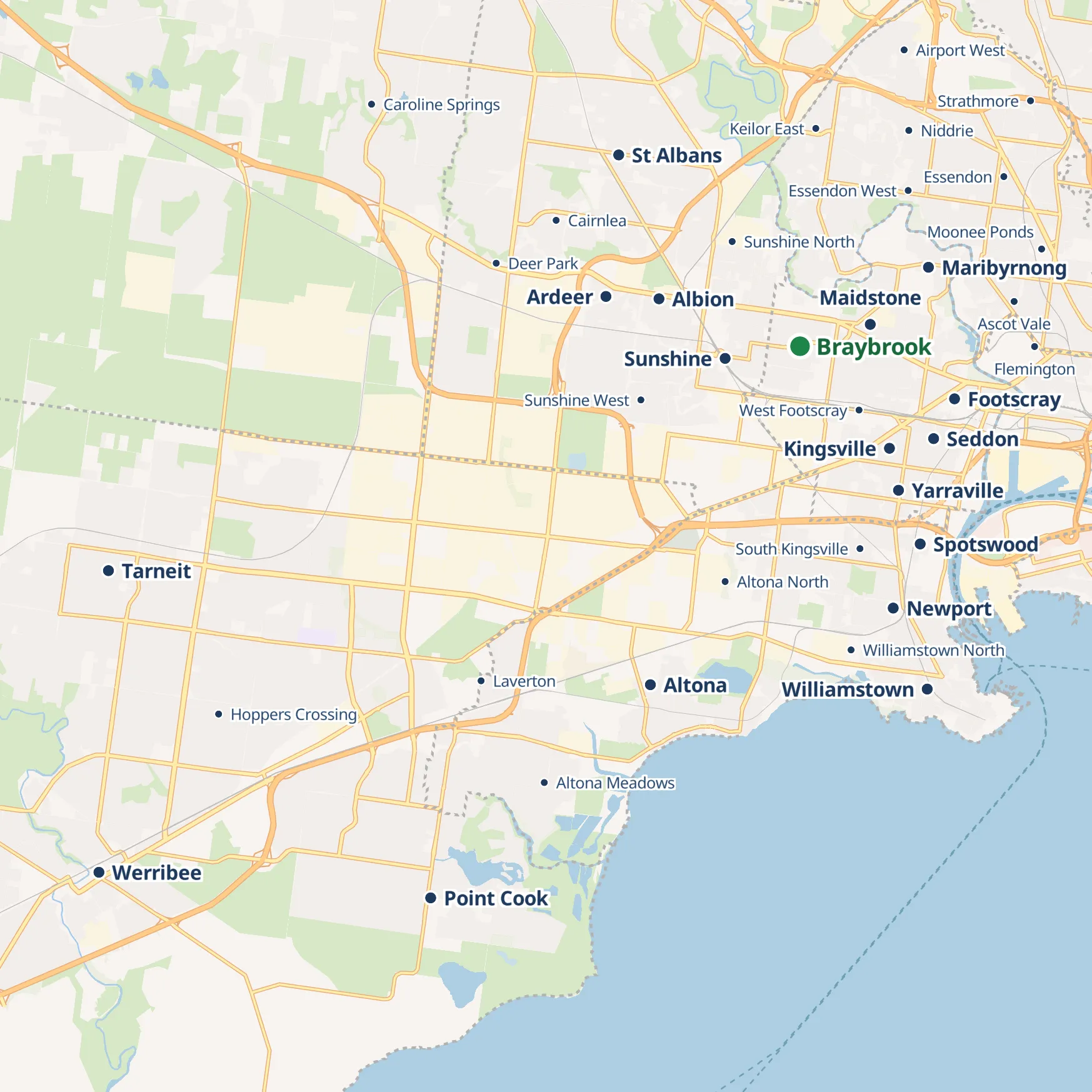 Map of Melbourne's western suburbs from Werribee and Point Cook to Williamstown, Footscray and St Albans, including Braybrook where Modernize Solutions is based