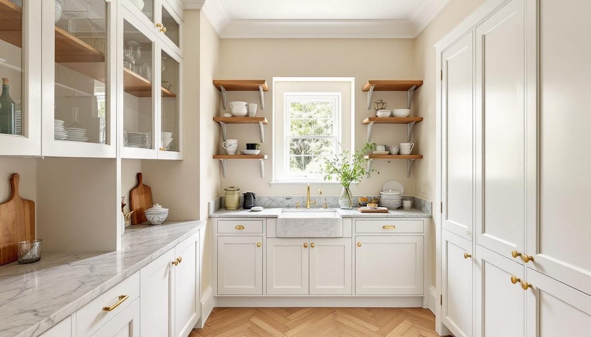 Painted white butler's pantry with open shelving and marble benchtop in a Melbourne Edwardian home