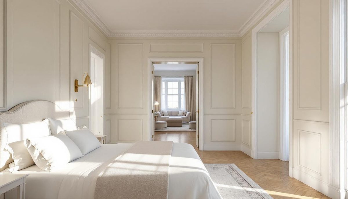 Master bedroom in an Edwardian Melbourne home with heritage colour palette and period trim