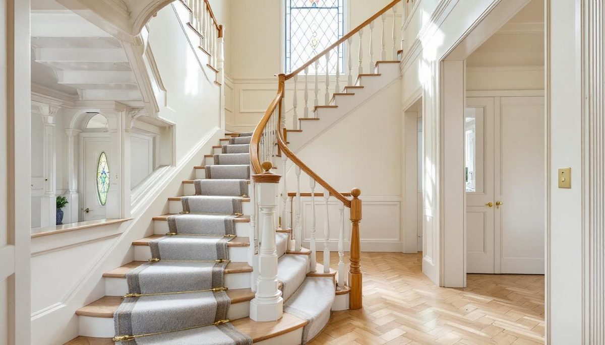 Meticulously prepared and painted Edwardian staircase with detailed enamel work on spindles and handrail