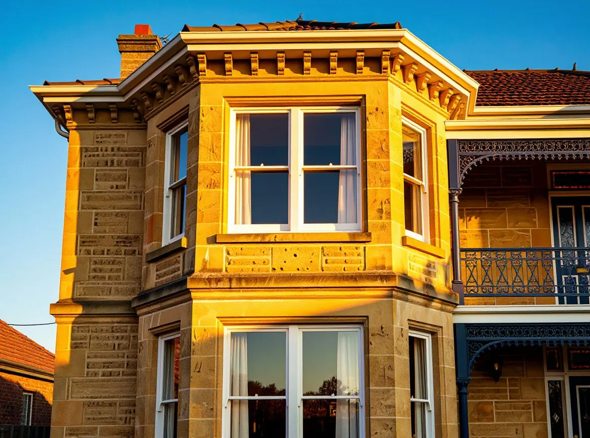 Two-storey sandstone bay window with ornate cornice detailing and freshly painted white sash windows on an Essendon Victorian heritage home