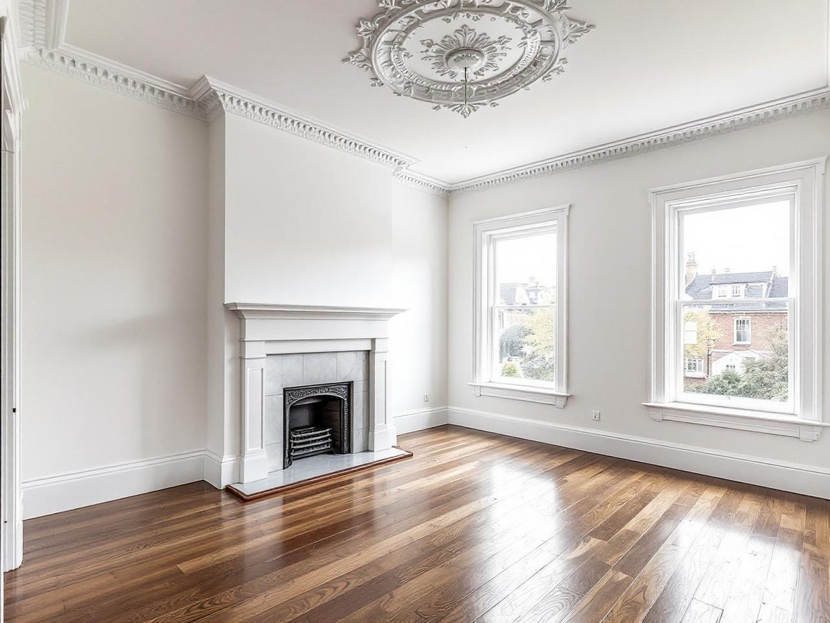 Spacious master bedroom upstairs with ornate ceiling rose, heritage cornice, marble fireplace, sash windows and polished hardwood floors in a freshly painted Essendon Victorian home