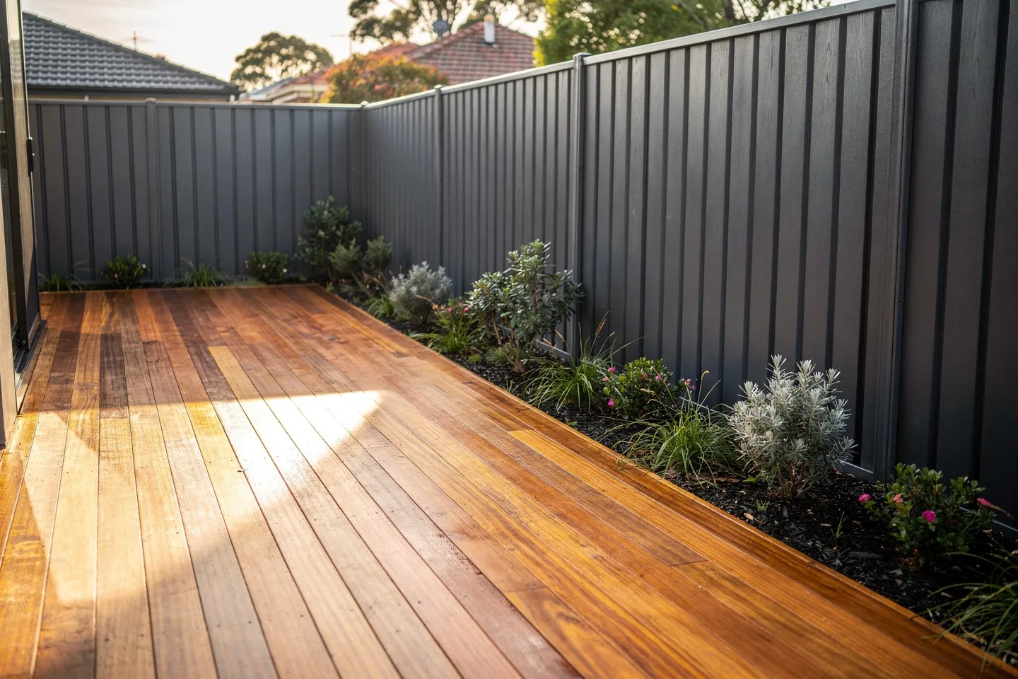 Freshly oiled timber deck and painted charcoal fence at a Melbourne home