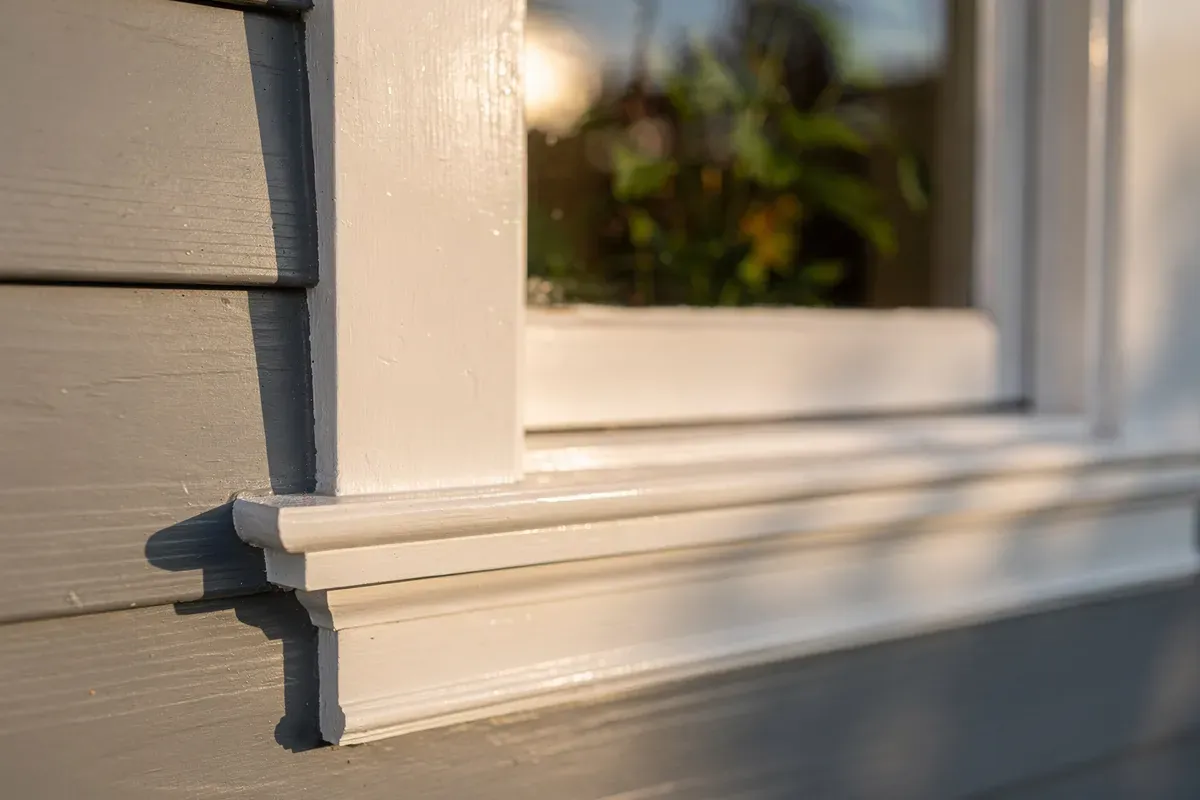Close-up of painted Victorian window trim on weatherboard home