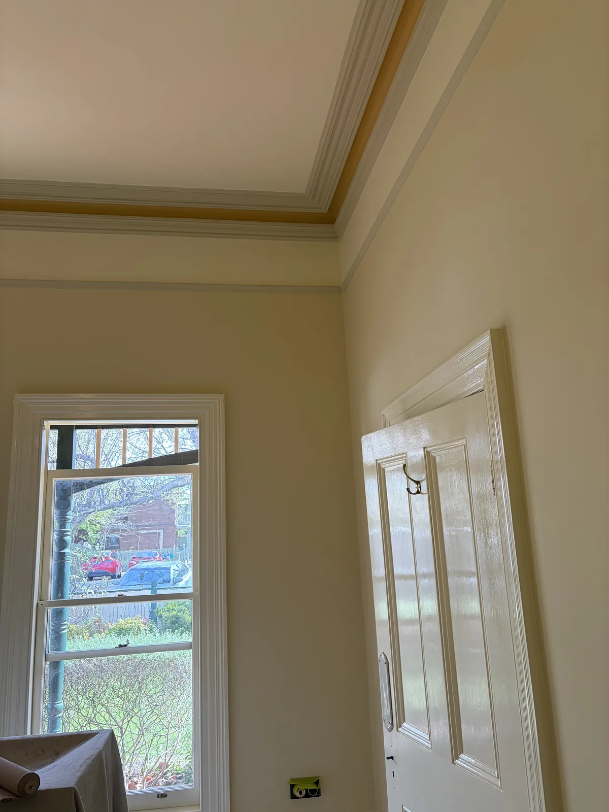 Two-tone cornice, picture rail, white double hung window and glossy white panel door in a period home, interior painting by Modernize Solutions