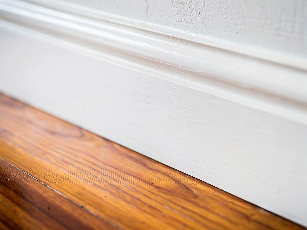 Close-up of crisp white semi-gloss skirting board meeting polished hardwood timber floor in a Footscray period home