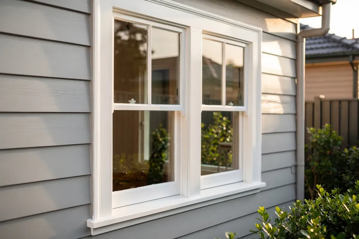 White-painted sash windows with crisp trim on a grey weatherboard home in Melbourne