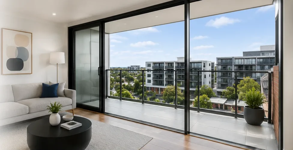 Freshly painted apartment living room with balcony by apartment painters in Melbourne