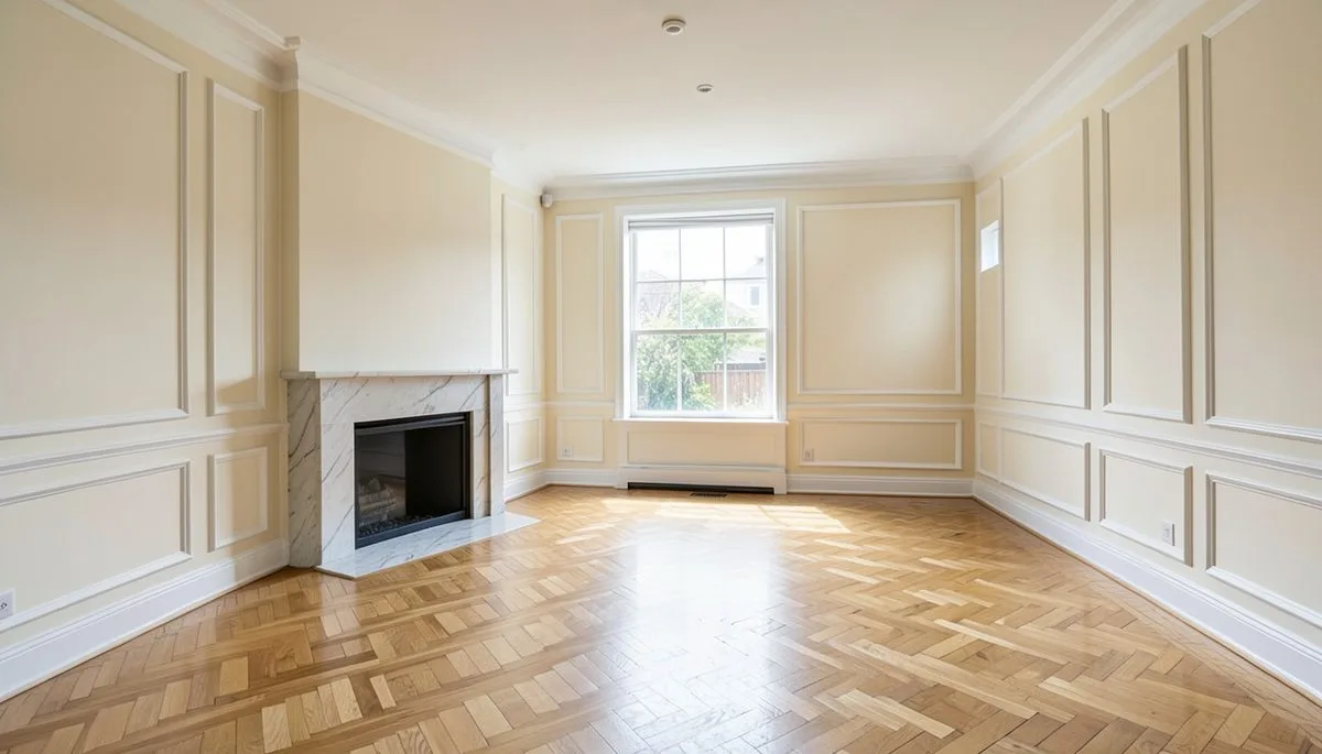 Freshly repainted living room with feature fireplace wall in a Melbourne home